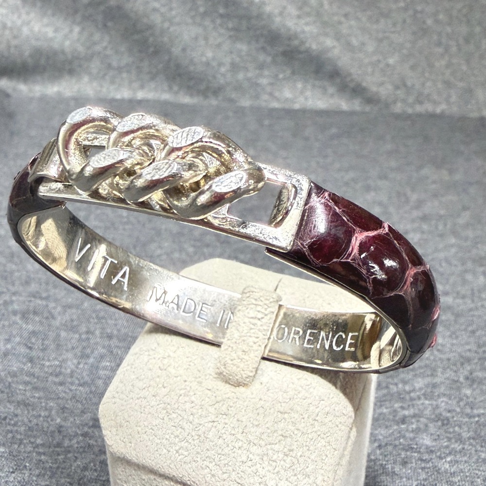 Vita Bangle Bracelet Silver Tone Burgundy Snake Skin Made in Florence Italy